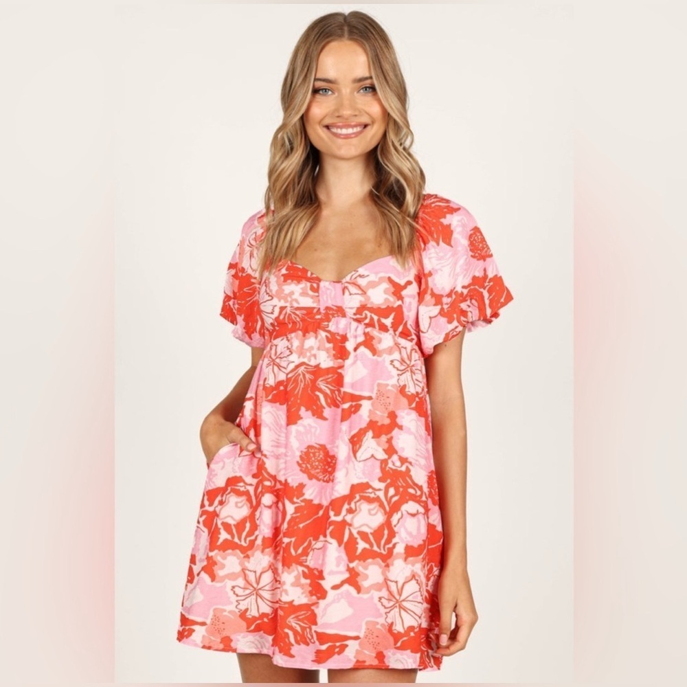 PETAL + PUP XL EASTER Mini Dress Pink Red Floral Babydoll Balloon Sleeve POCKET